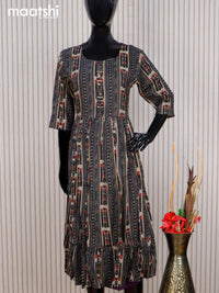 Rayon readymade umbrella kurti beige and black with allover prints & simple neck pattern without pant