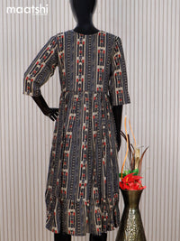 Rayon readymade umbrella kurti beige and black with allover prints & simple neck pattern without pant