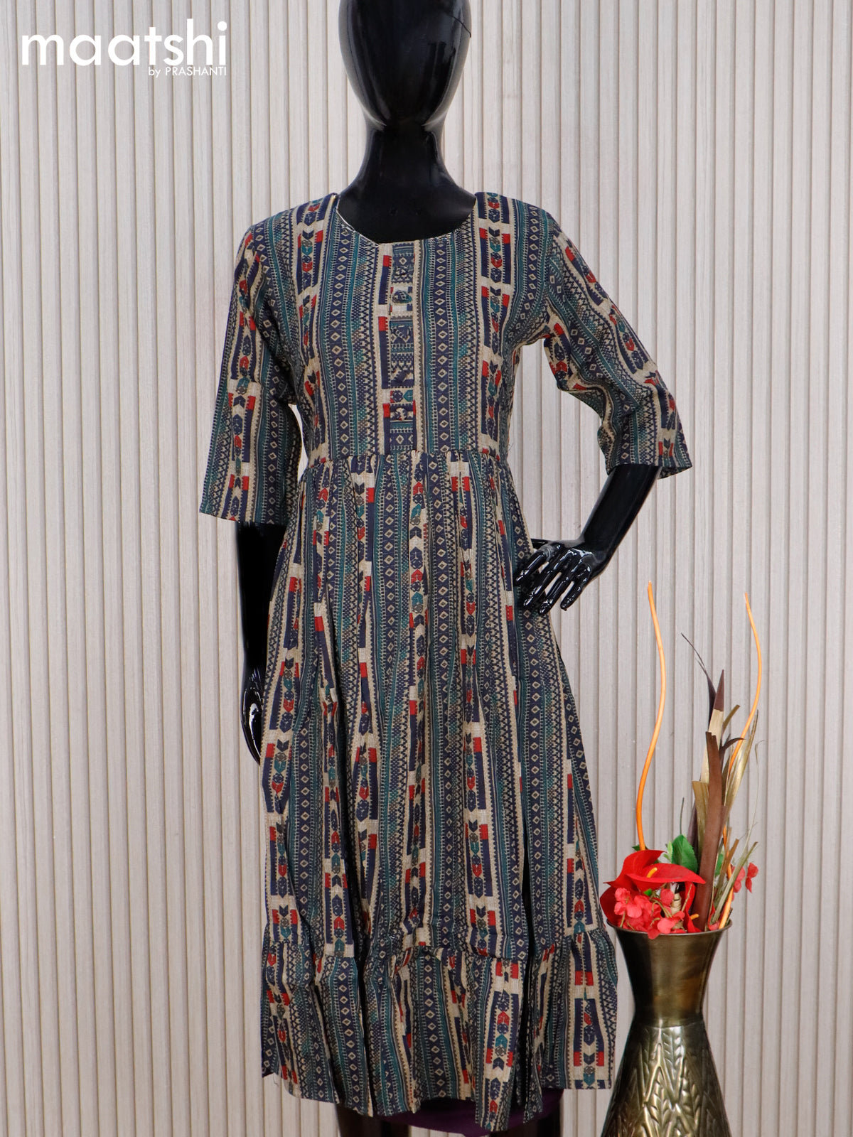 Rayon readymade umbrella kurti beige and navy blue with allover prints & simple neck pattern without pant