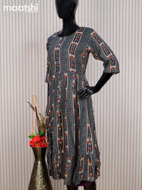 Rayon readymade umbrella kurti beige and navy blue with allover prints & simple neck pattern without pant