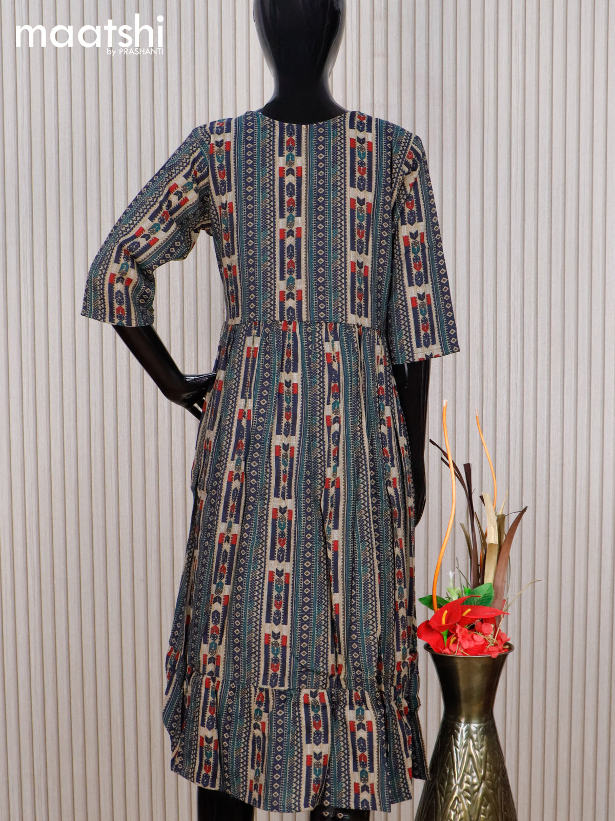 Rayon readymade umbrella kurti beige and navy blue with allover prints & simple neck pattern without pant