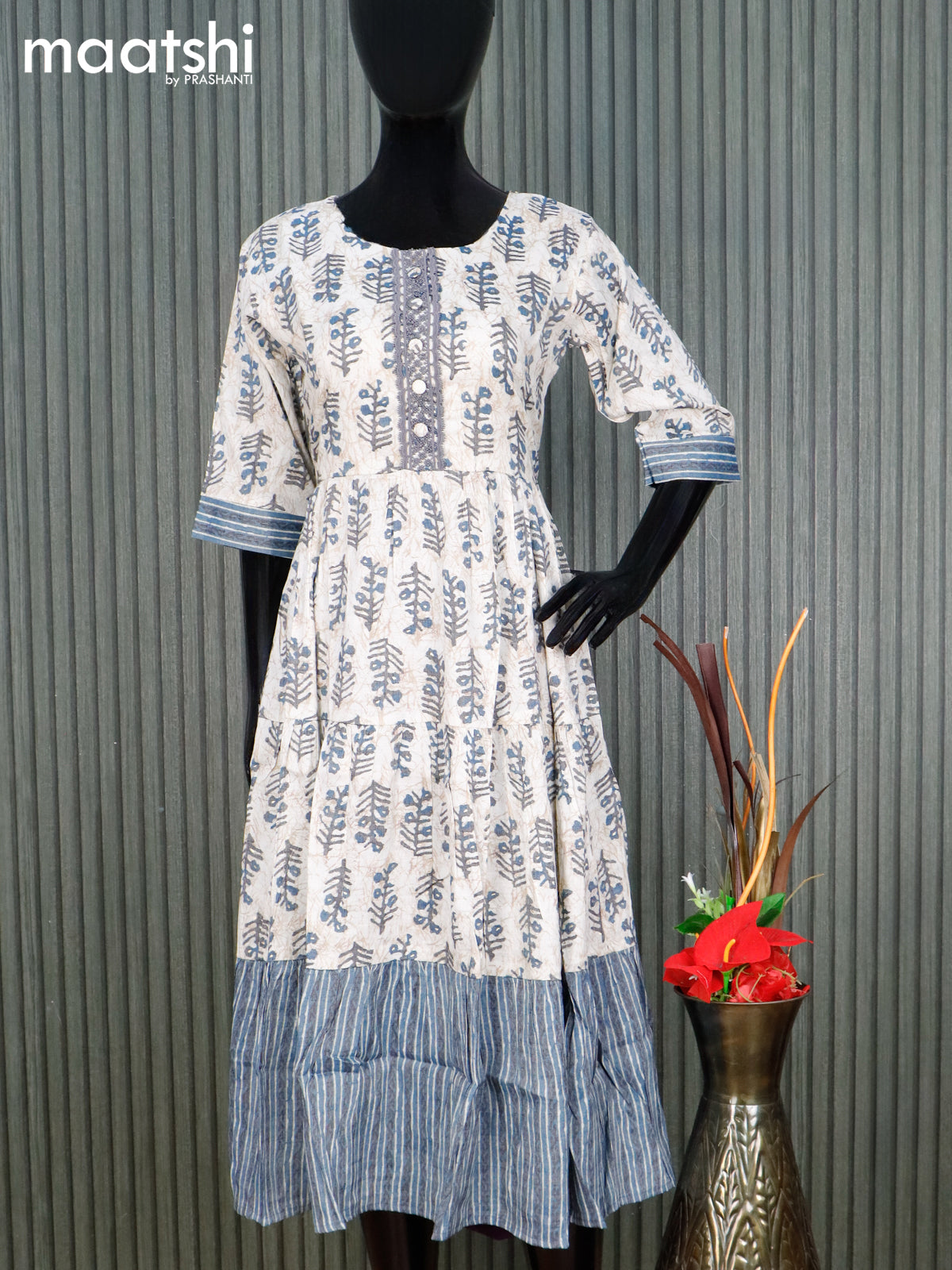 Rayon readymade umbrella kurti cream and blue with allover butta prints & embroidery work neck pattern without pant