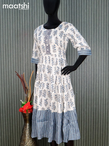 Rayon readymade umbrella kurti cream and blue with allover butta prints & embroidery work neck pattern without pant