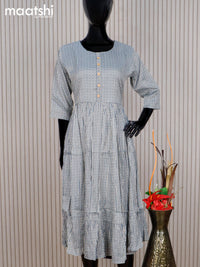 Rayon readymade umbrella kurti bluish grey and cream with allover strips prints & simple neck pattern without pant