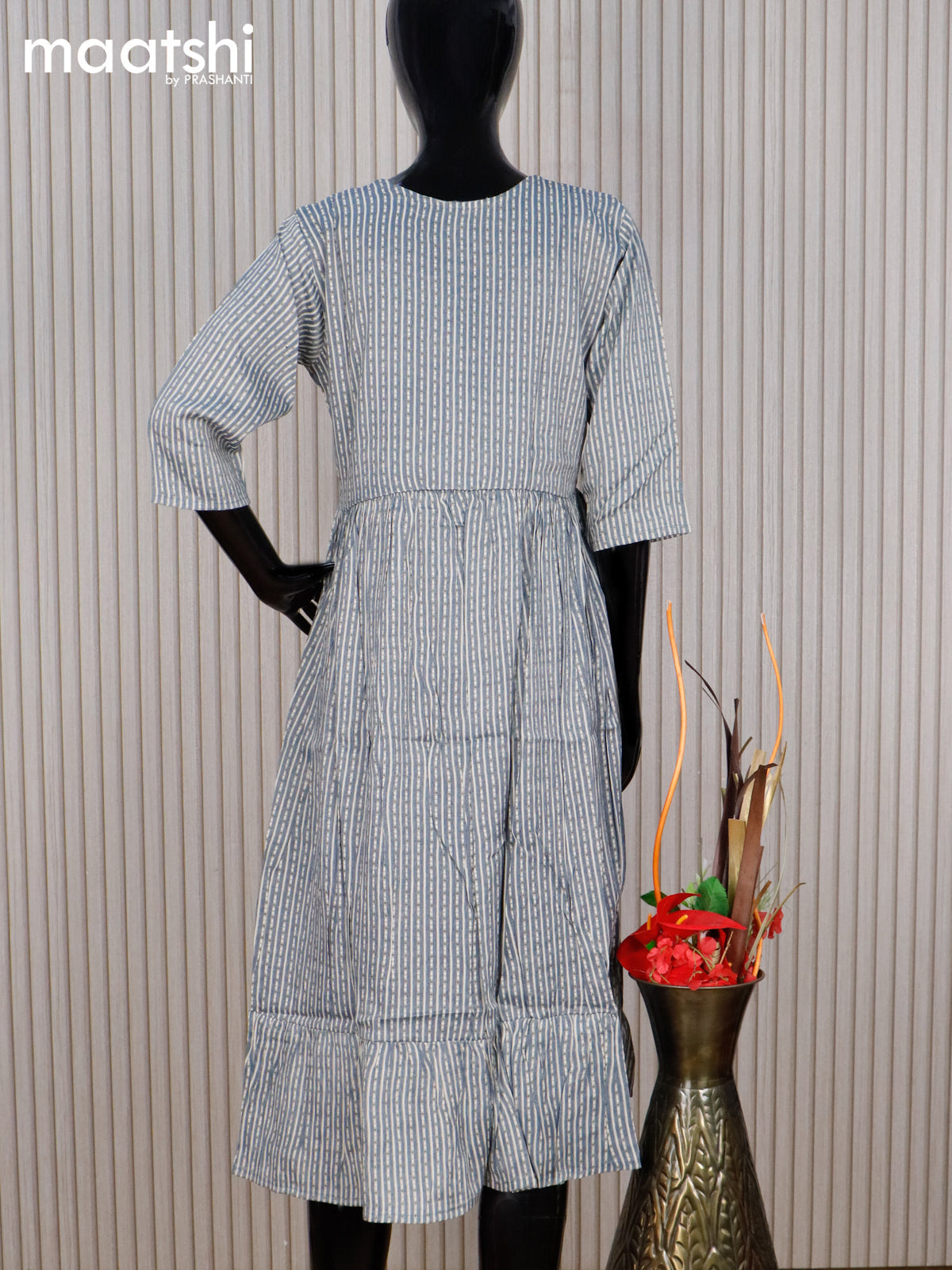 Rayon readymade umbrella kurti bluish grey and cream with allover strips prints & simple neck pattern without pant