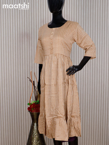 Rayon readymade umbrella kurti mustard yellow and cream with allover strips prints & simple neck pattern without pant