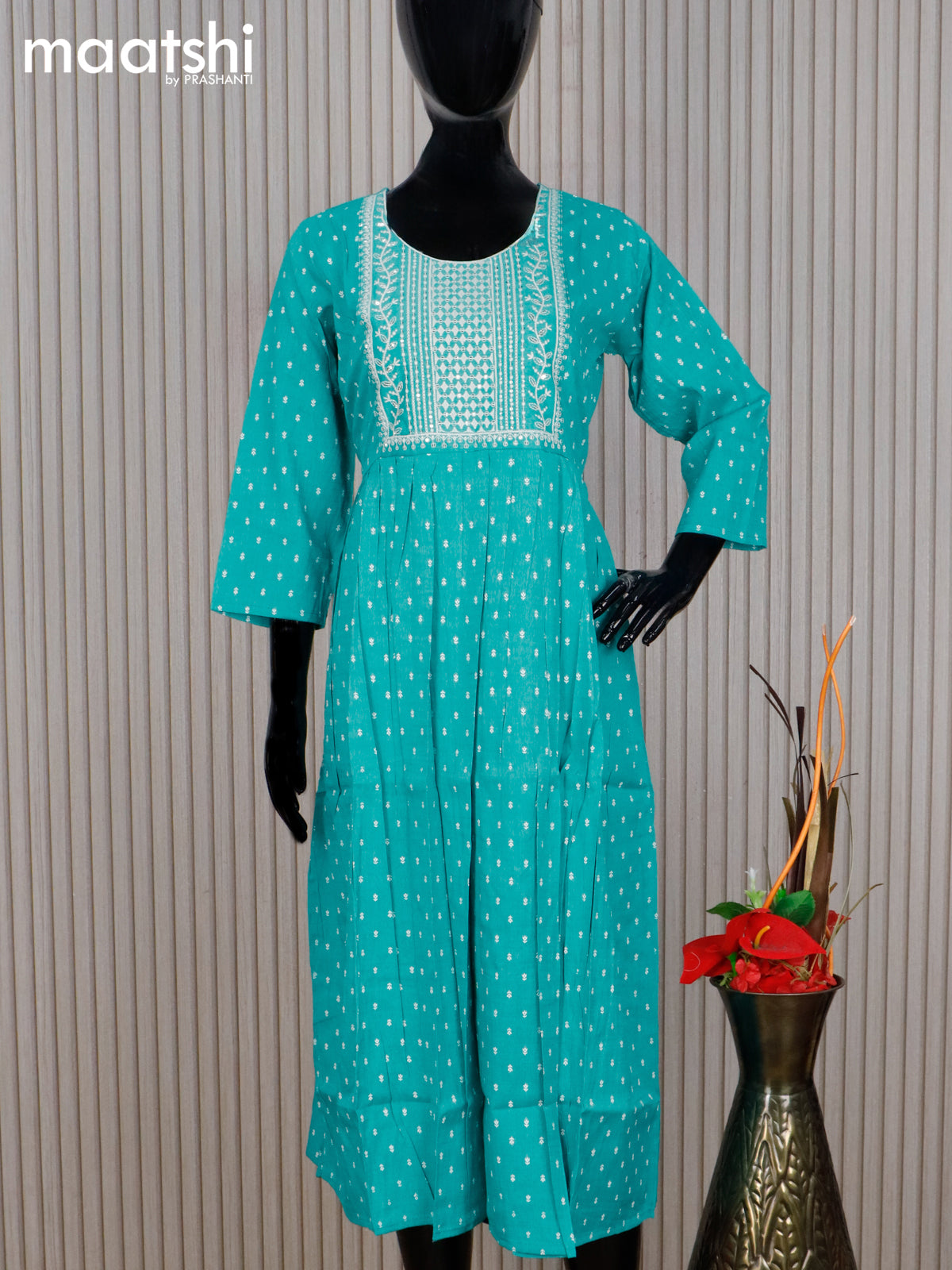 Cotton readymade umbrella kurti teal blue and off white with allover butta prints & embroidery sequin work neck pattern without pant