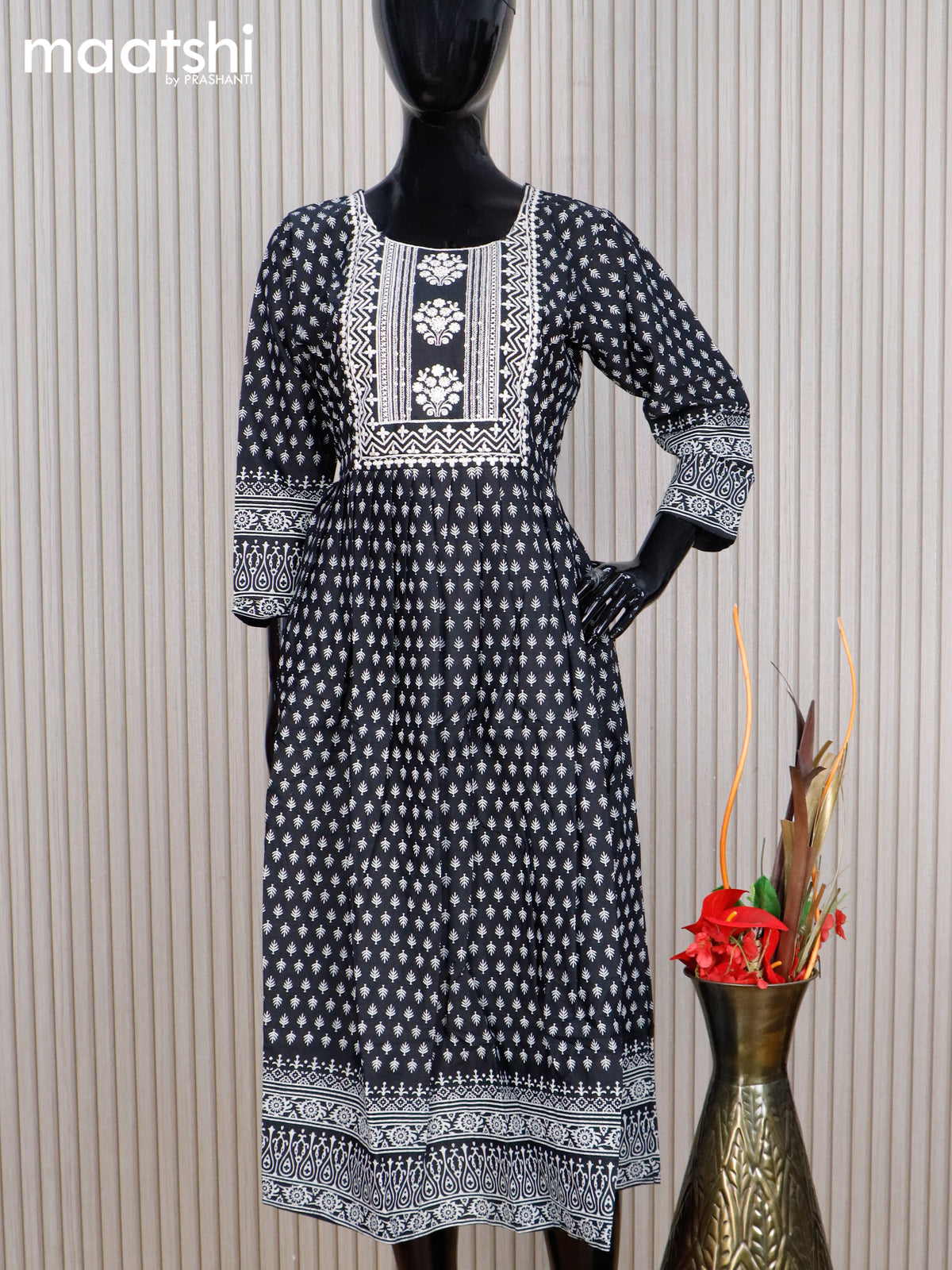 Cotton readymade umbrella kurti black and off white with allover butta prints & embroidery sequin work neck pattern without pant