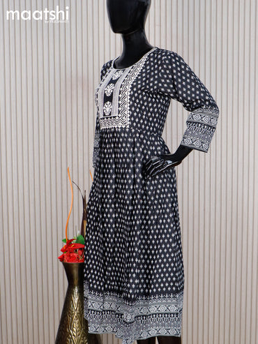 Cotton readymade umbrella kurti black and off white with allover butta prints & embroidery sequin work neck pattern without pant