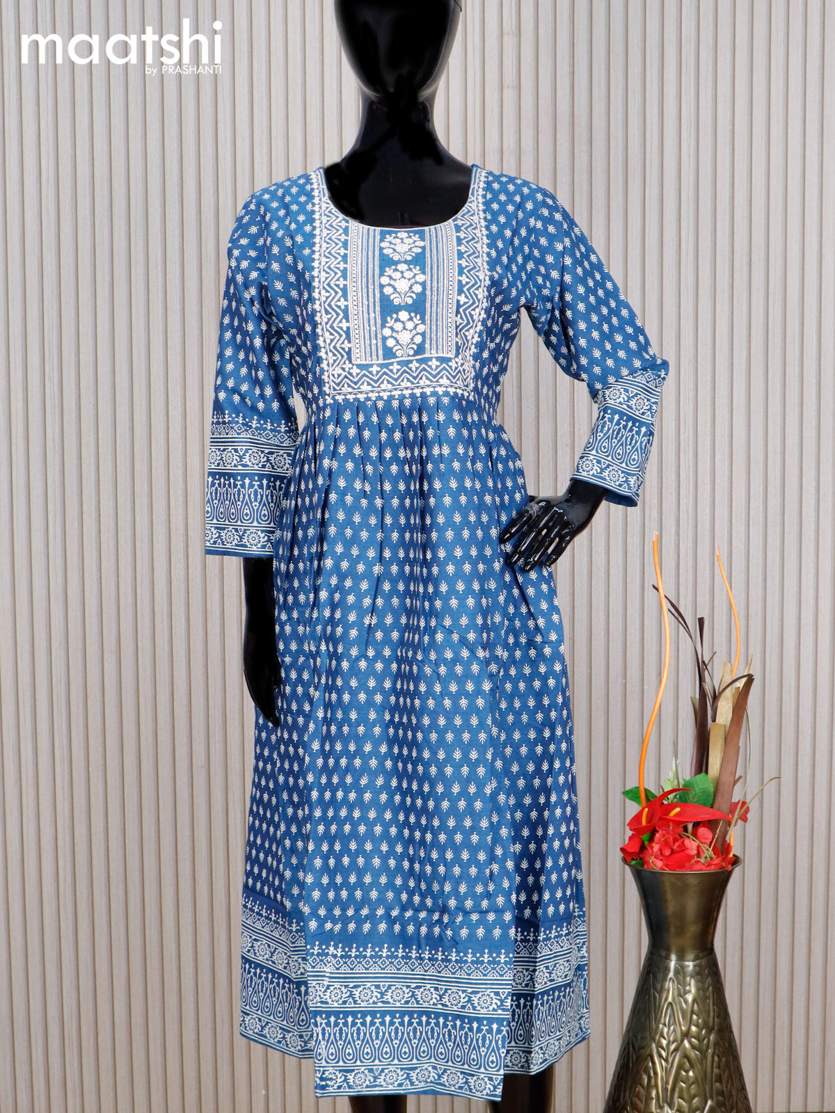 Cotton readymade umbrella kurti blue and off white with allover butta prints & embroidery sequin work neck pattern without pant