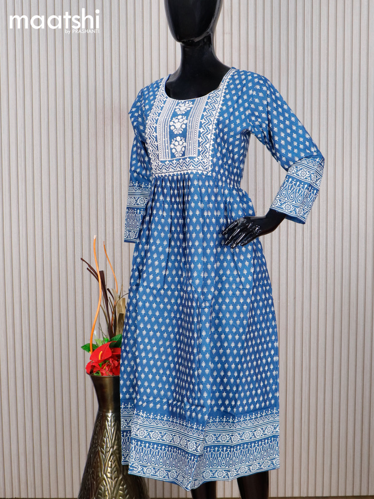 Cotton readymade umbrella kurti blue and off white with allover butta prints & embroidery sequin work neck pattern without pant