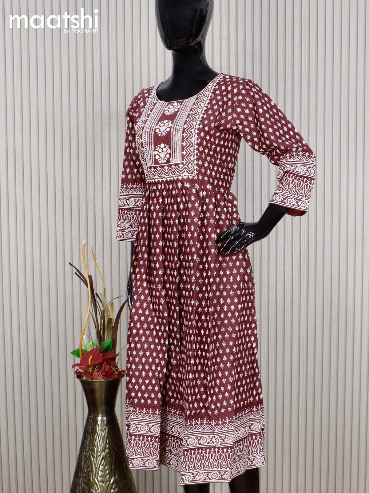 Cotton readymade umbrella kurti maroon and off white with allover butta prints & embroidery sequin work neck pattern without pant