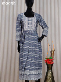 Cotton readymade umbrella kurti grey and off white with allover butta prints & embroidery sequin work neck pattern without pant