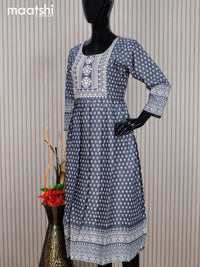 Cotton readymade umbrella kurti grey and off white with allover butta prints & embroidery sequin work neck pattern without pant