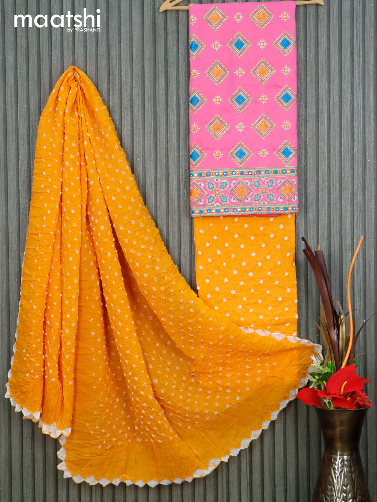 Cotton dress material light pink and mango yellow with allover mirror embrodiery work and bandhani bottom & dupatta