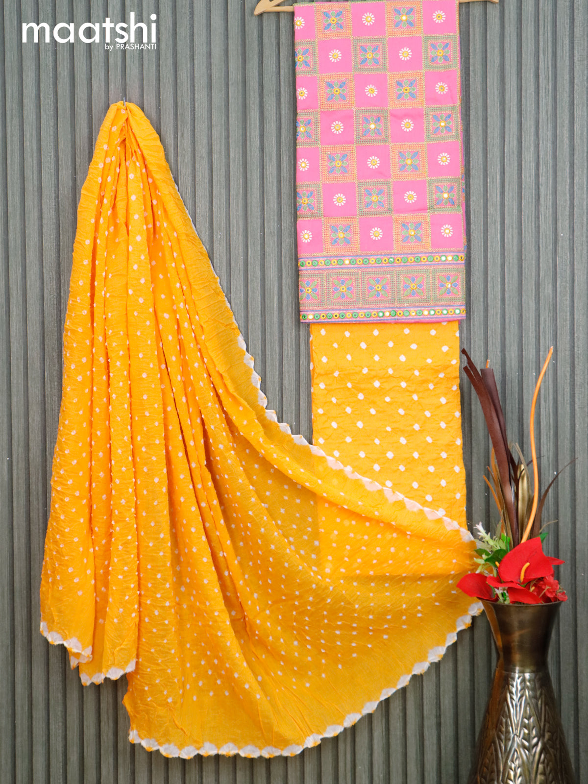 Cotton dress material light pink and mango yellow with allover mirror embrodiery work and bandhani bottom & dupatta