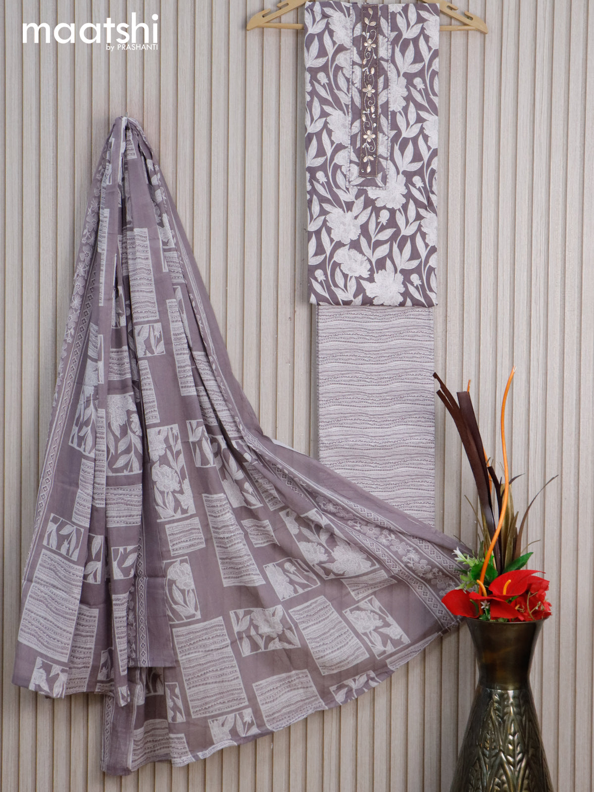 Cotton dress material grey shade and off white with allover prints & embroidery work neck pattern and bottom & dupatta