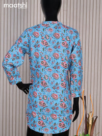 Rayon readymade short kurti blue and pink green with allover floral prints & simple neck pattern without pant