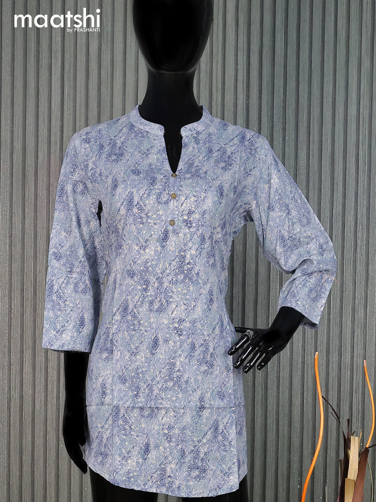 Cotton readymade short kurti bluish grey with allover prints & simple neck pattern without pant