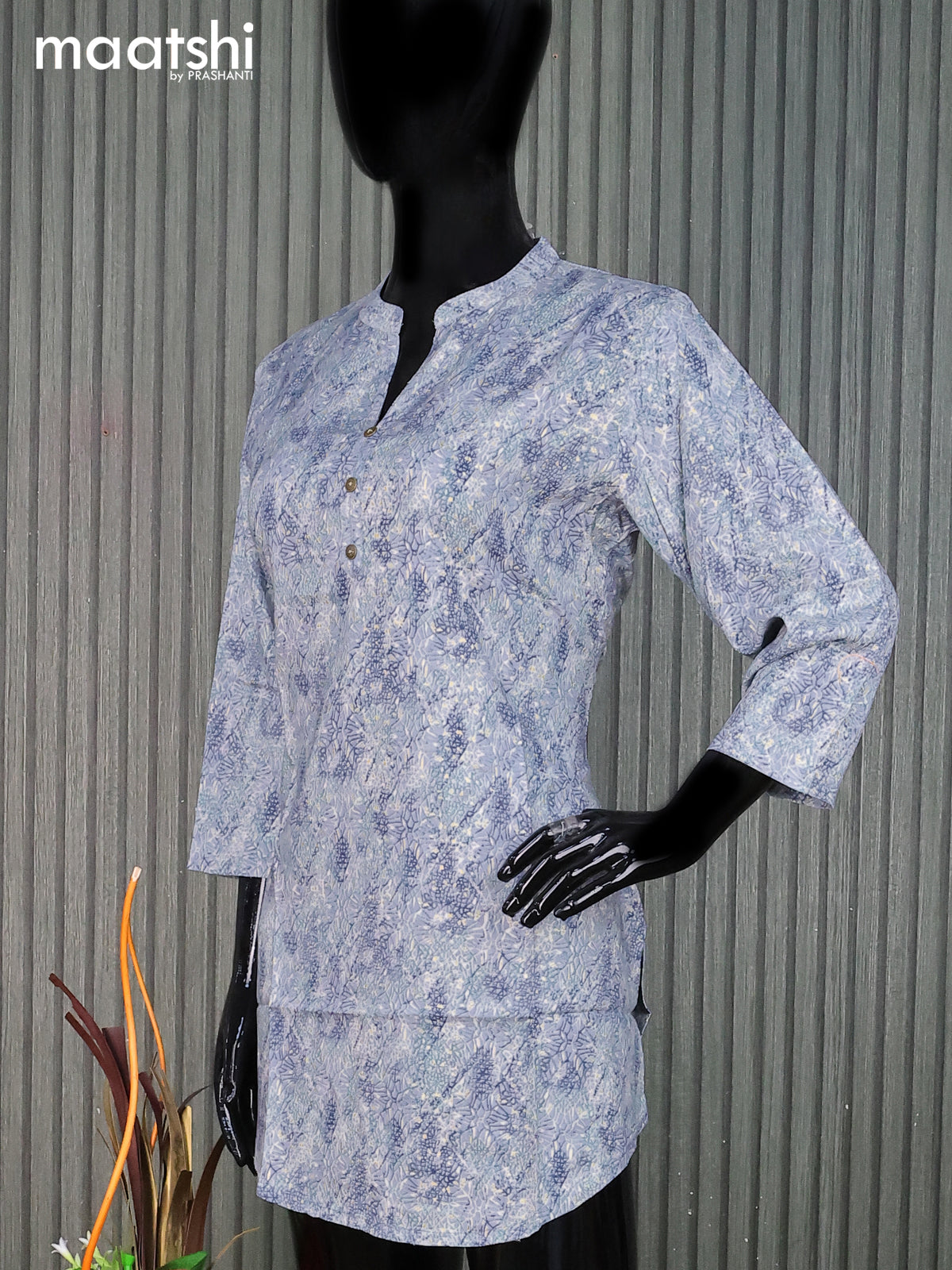 Cotton readymade short kurti bluish grey with allover prints & simple neck pattern without pant