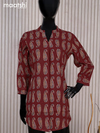 Rayon readymade short kurti maroon with allover paisley buttas & simple neck pattern without pant