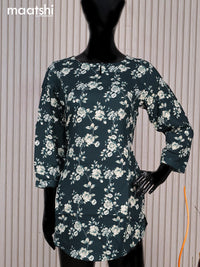 Cotton readymade short kurti dark peacock green and cream with allover floral prints & simple neck pattern without pant