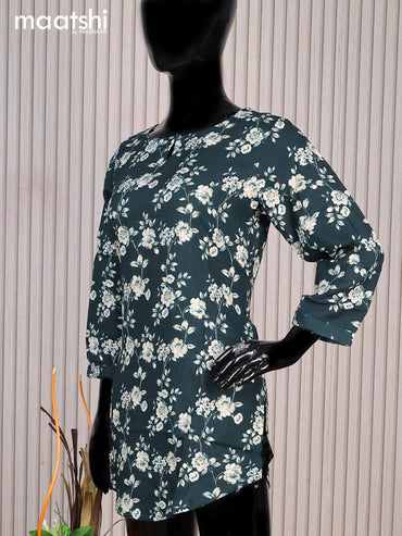 Cotton readymade short kurti dark peacock green and cream with allover floral prints & simple neck pattern without pant