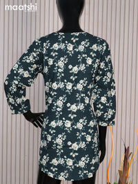 Cotton readymade short kurti dark peacock green and cream with allover floral prints & simple neck pattern without pant