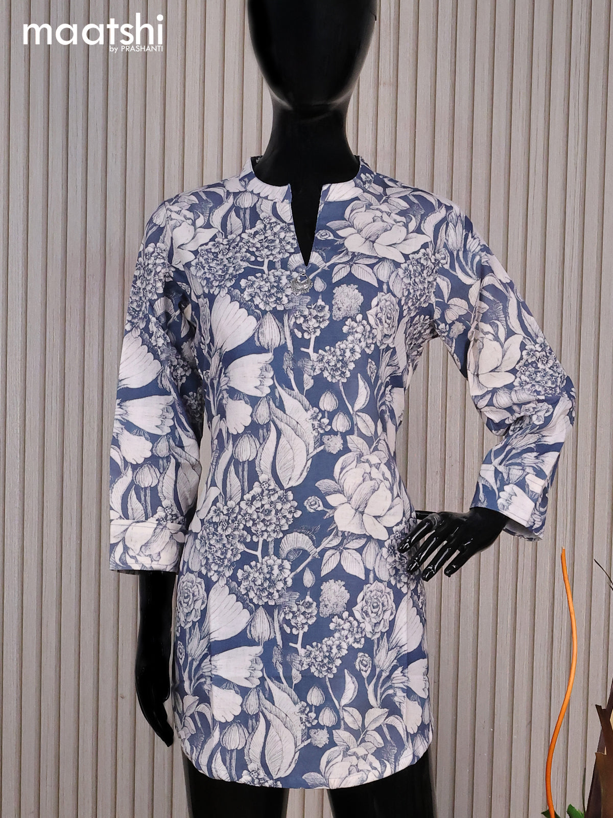 Rayon readymade short kurti greyish blue and cream with allover floral prints & simple neck pattern without pant