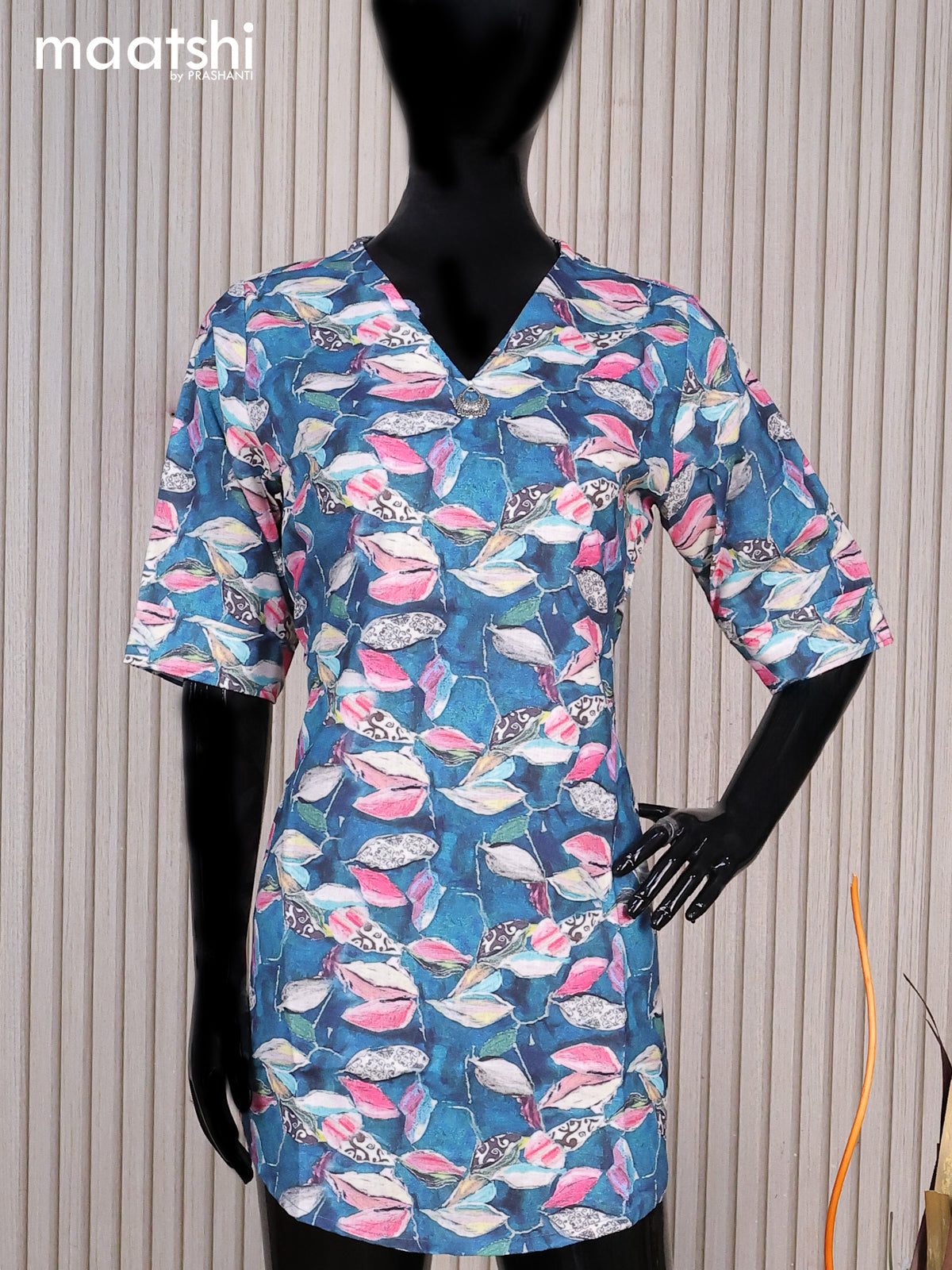 Cotton readymade short kurti peacock blue and multi colour with allover prints & simple neck v pattern without pant