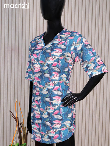 Cotton readymade short kurti peacock blue and multi colour with allover prints & simple neck v pattern without pant