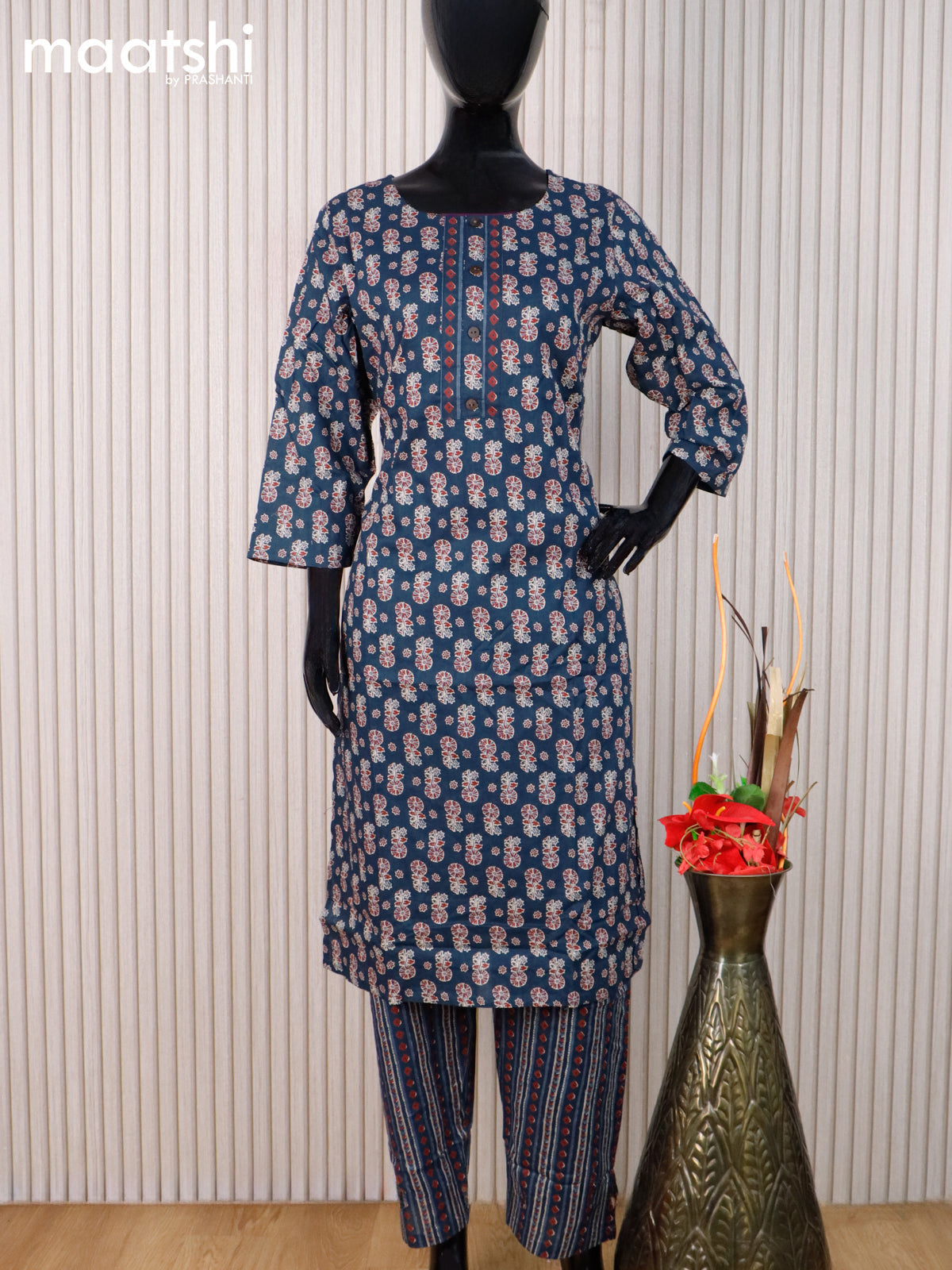 Cotton readymade kurti set peacock blue with allover floral butta prints & simple neck pattern and straight cut pant