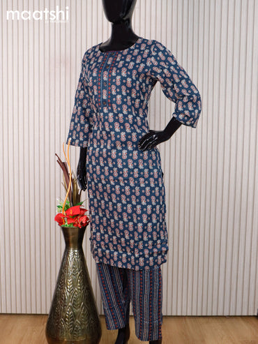 Cotton readymade kurti set peacock blue with allover floral butta prints & simple neck pattern and straight cut pant