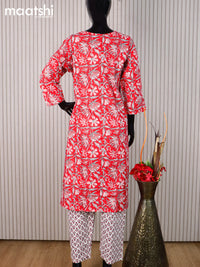 Cotton readymade kurti set red and off white with allover floral prints & simple neck pattern and straight cut pant