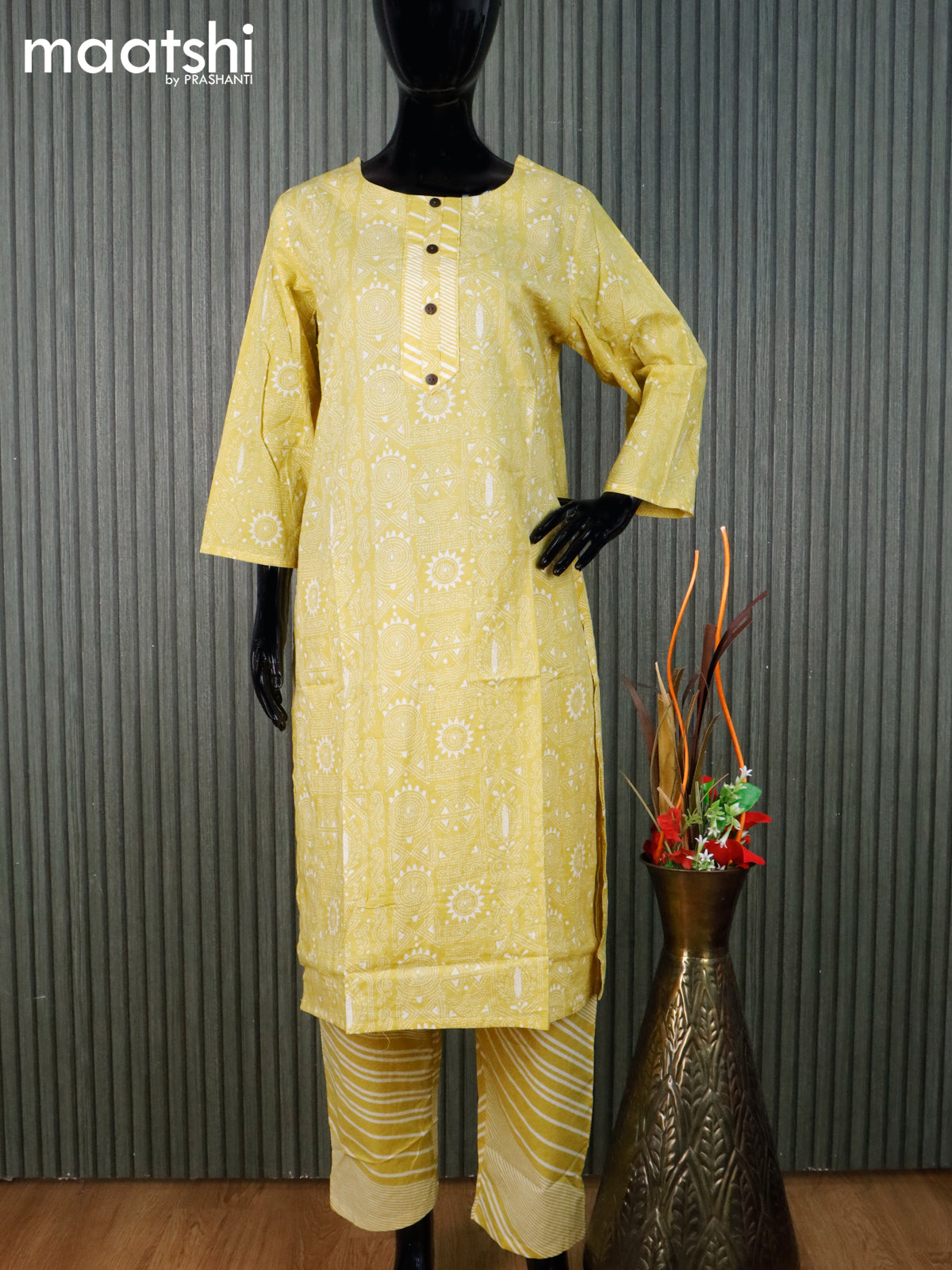 Cotton readymade kurti set lime yellow and off white with allover prints & simple neck pattern and straight cut pant