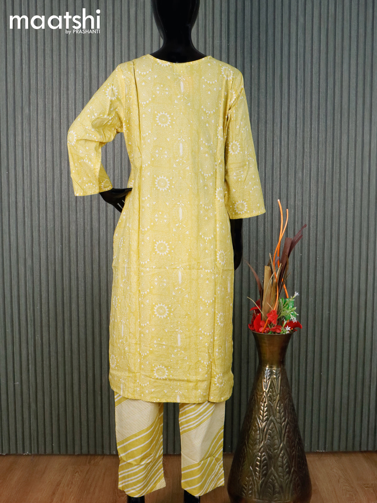 Cotton readymade kurti set lime yellow and off white with allover prints & simple neck pattern and straight cut pant