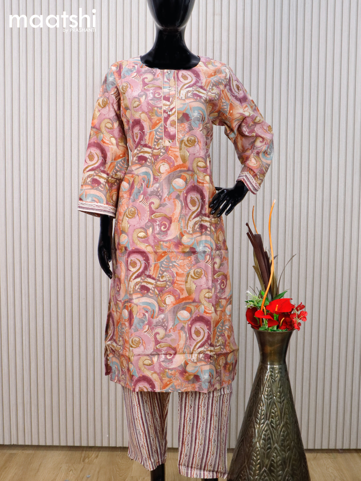 Muslin readymade kurti set multi colour and cream with allover prints & simple neck pattern and straight cut pant