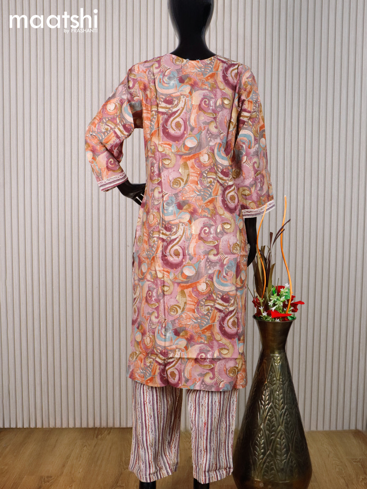 Muslin readymade kurti set multi colour and cream with allover prints & simple neck pattern and straight cut pant