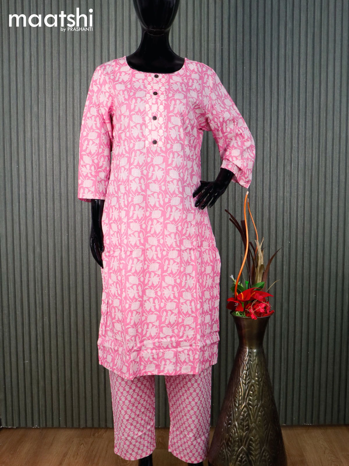 Cotton readymade kurti set baby pink and off white with allover floral prints & simple neck pattern and straight cut pant