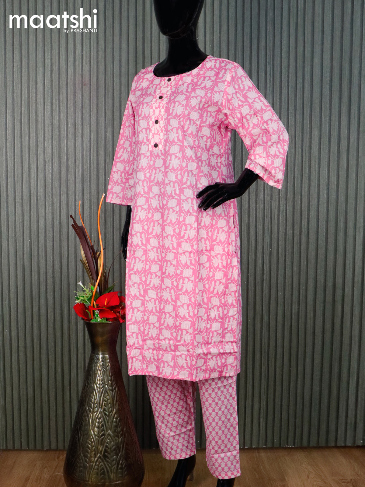 Cotton readymade kurti set baby pink and off white with allover floral prints & simple neck pattern and straight cut pant