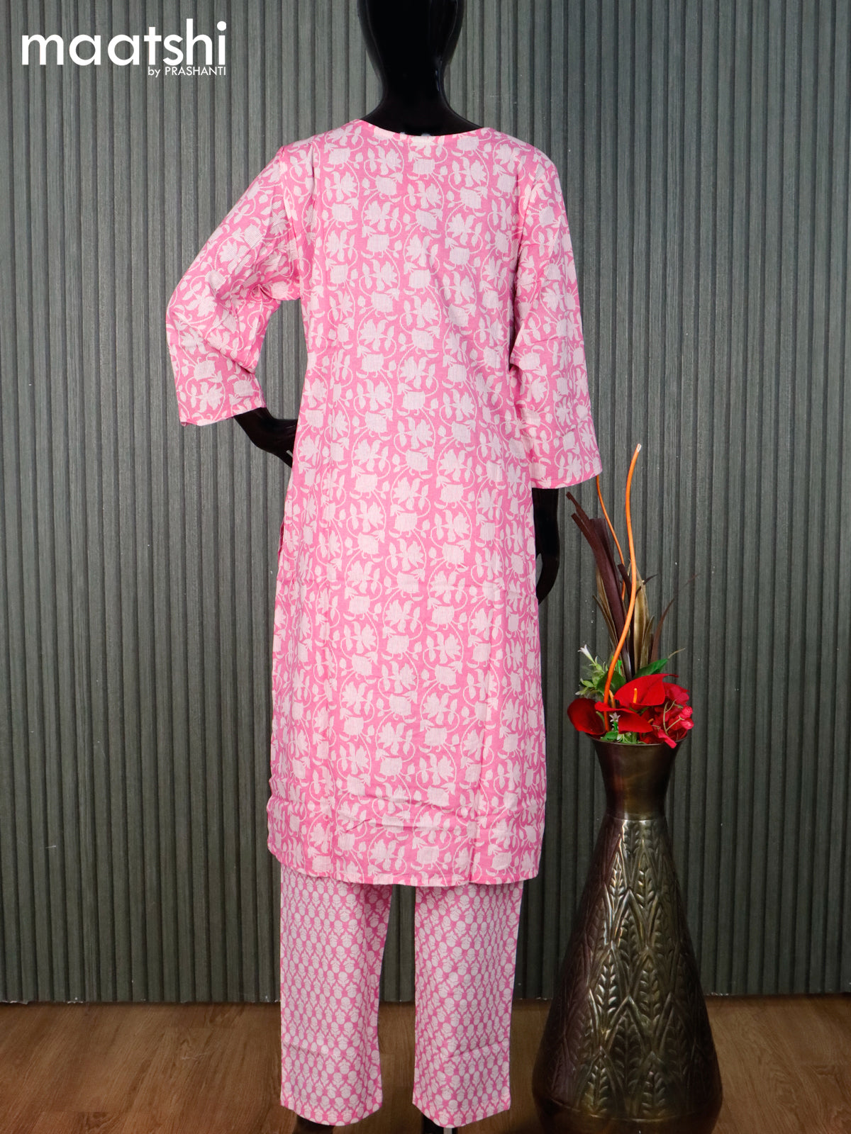 Cotton readymade kurti set baby pink and off white with allover floral prints & simple neck pattern and straight cut pant