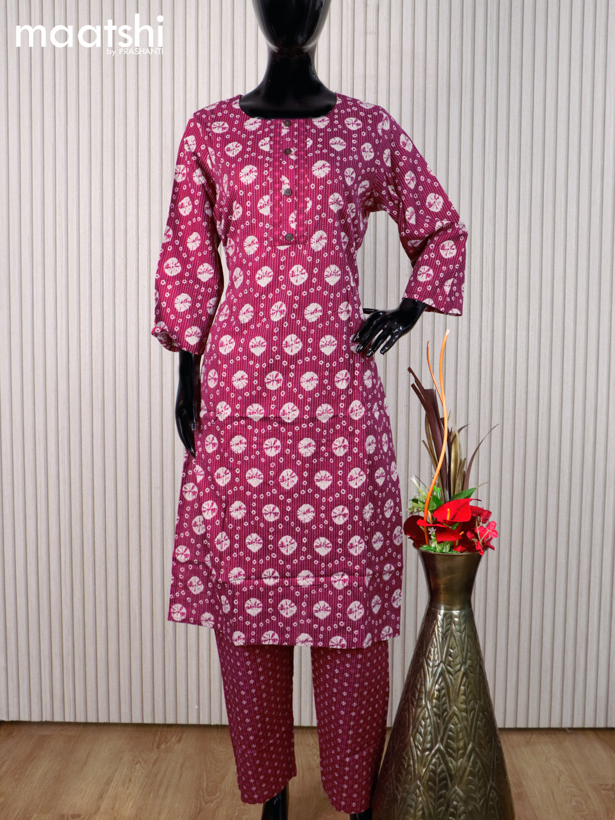 Cotton readymade kurti set magenta pink and beige with allover thread weaves batik prints & simple neck pattern and straight cut pant