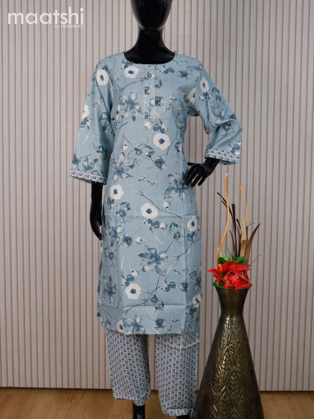 Muslin readymade kurti set grey and off white with allover floral prints & simple neck pattern and straight cut pant