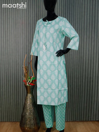 Cotton readymade kurti set pastel green and off white with allover butta prints and straight cut pant