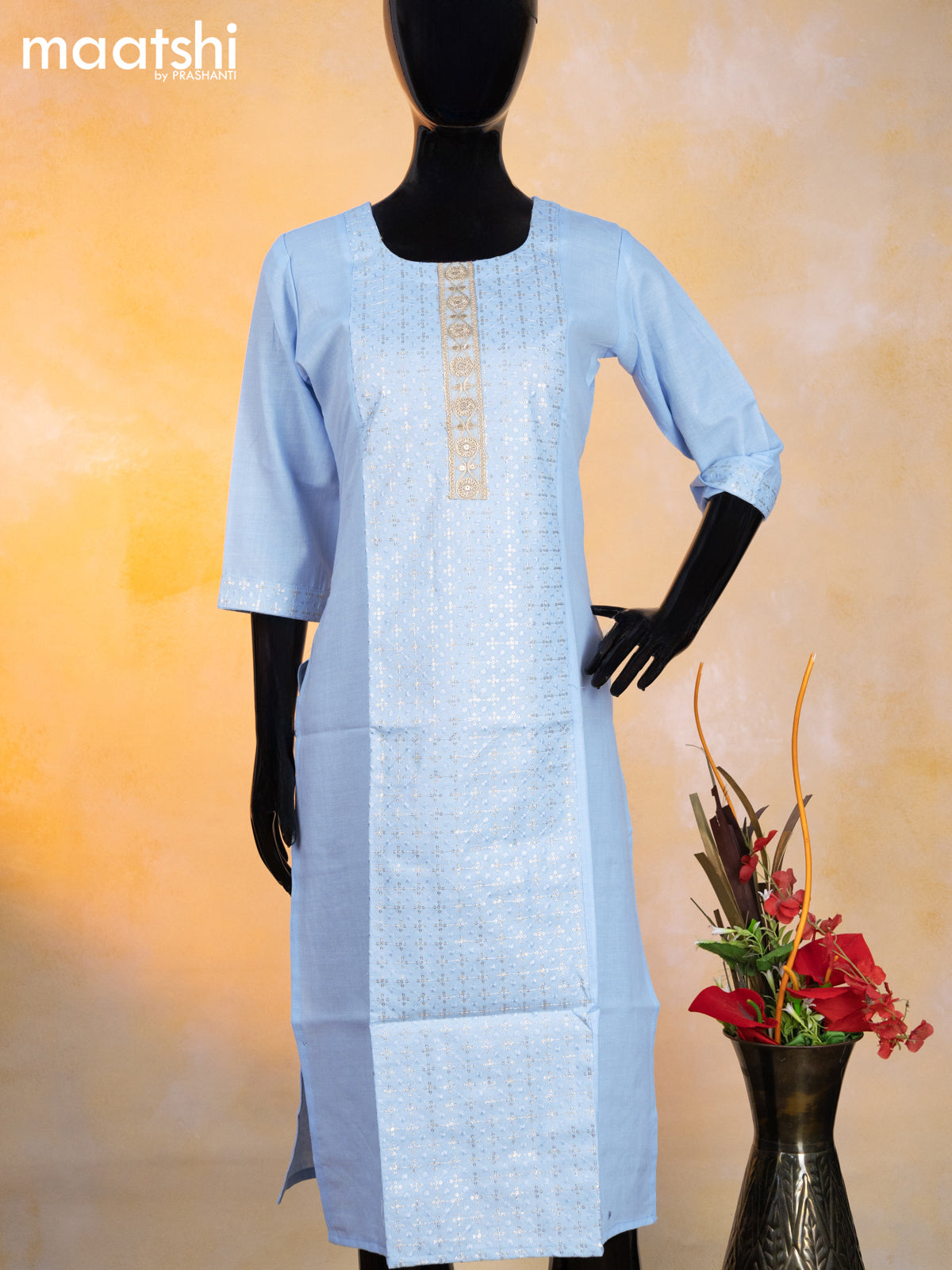 Cotton readymade kurti light blue shade with allover embroidery sequin work & patch work neck pattern without pant