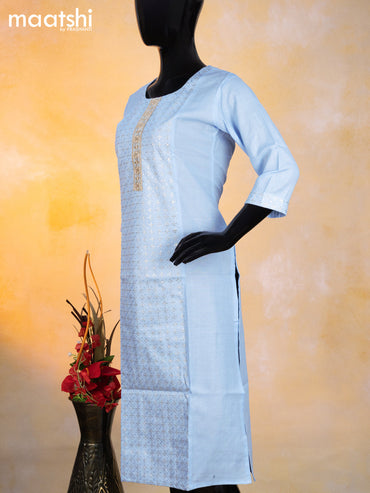 Cotton readymade kurti light blue shade with allover embroidery sequin work & patch work neck pattern without pant