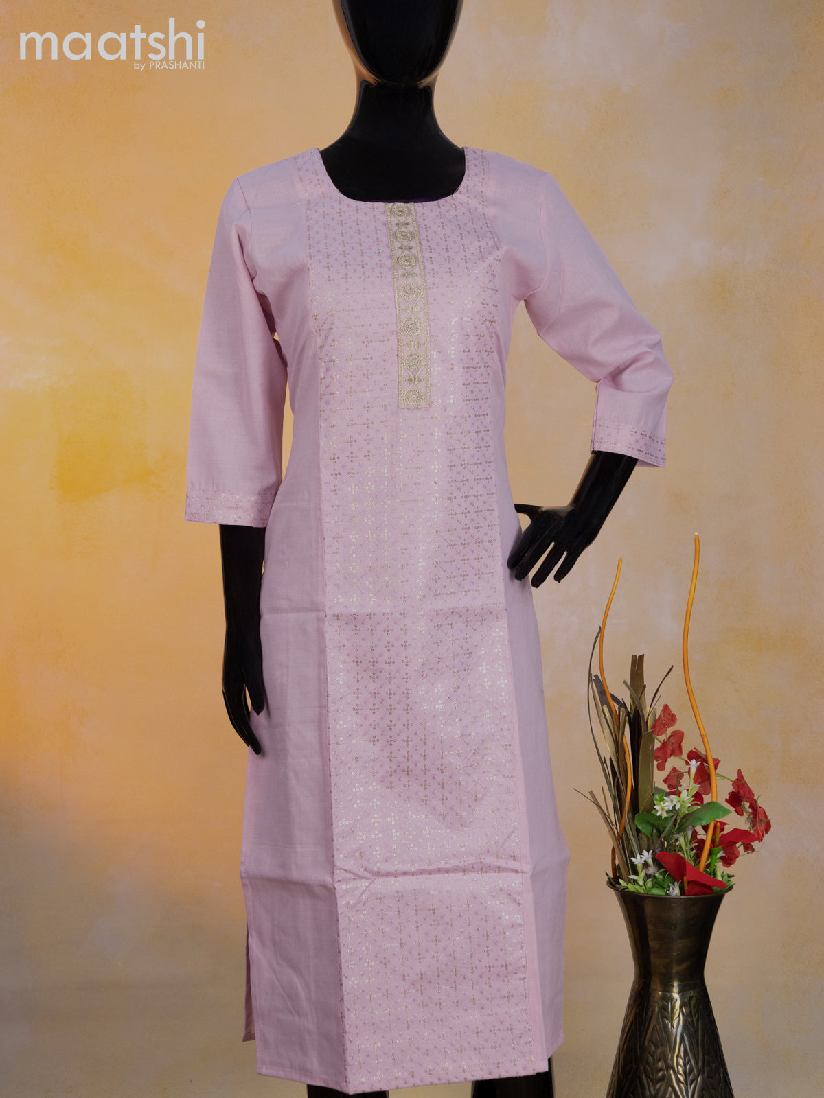 Cotton readymade kurti baby pink with allover embroidery sequin work & patch work neck pattern without pant