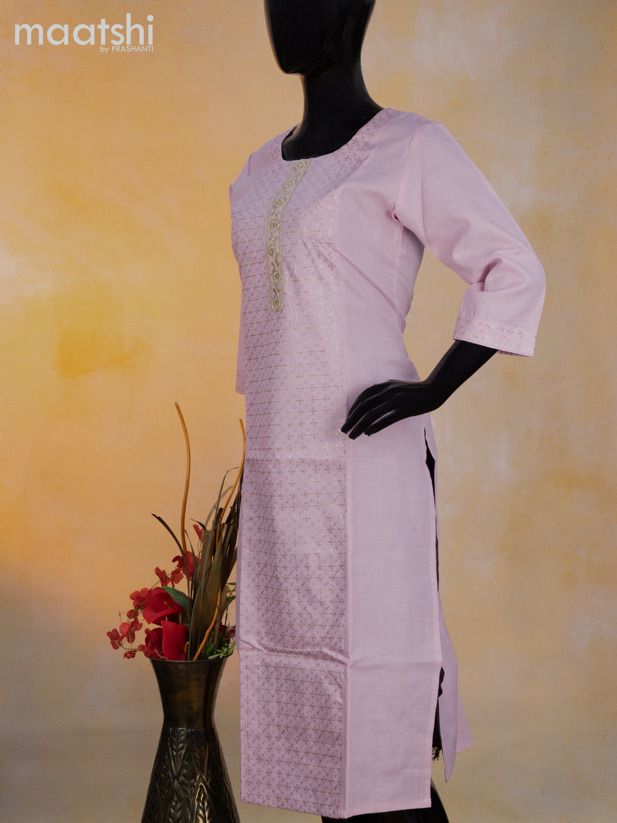 Cotton readymade kurti baby pink with allover embroidery sequin work & patch work neck pattern without pant