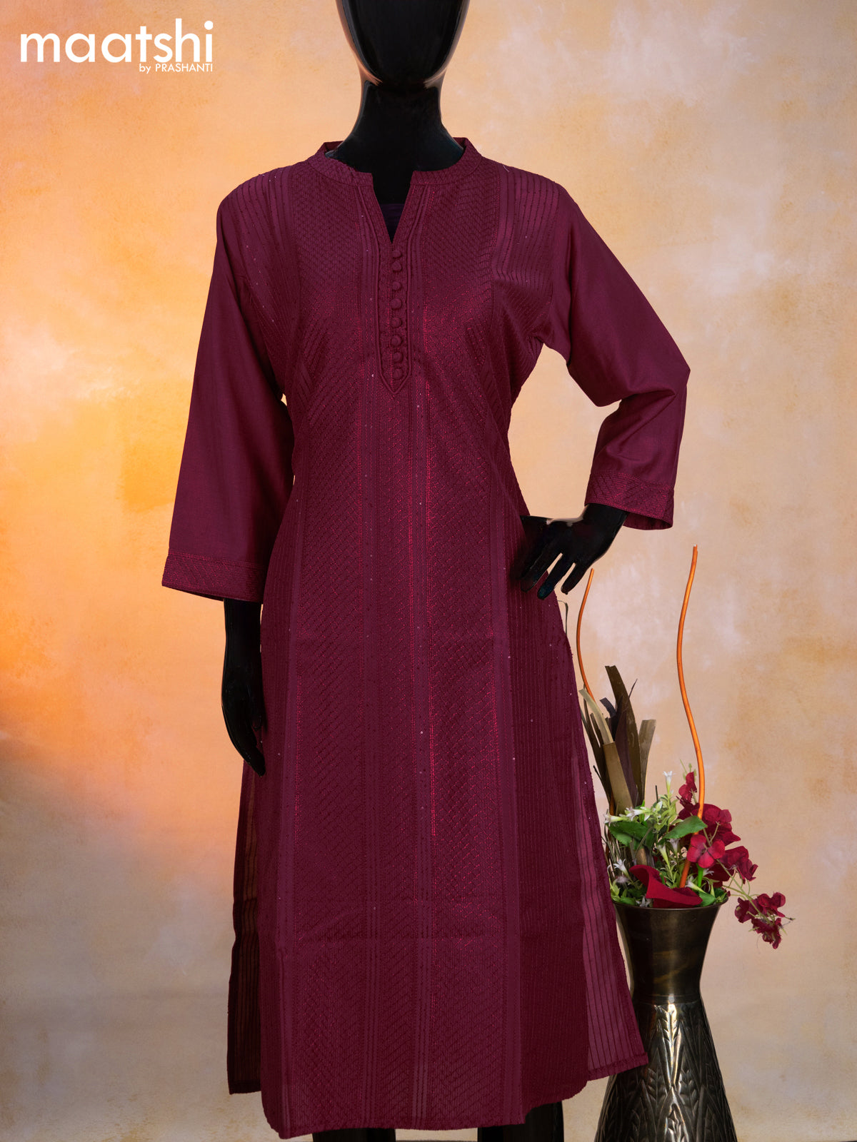 Modal readymade kurti maroon with allover embroidery work & simple neck pattern without pant