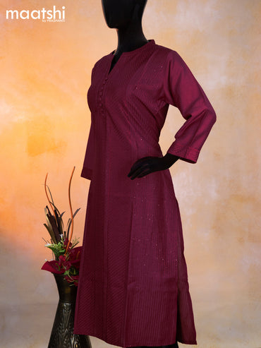 Modal readymade kurti maroon with allover embroidery work & simple neck pattern without pant